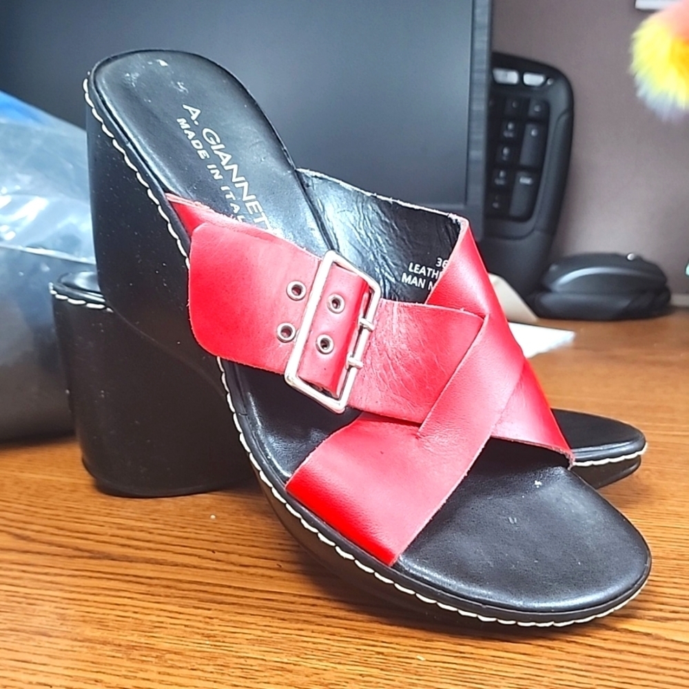 A. Gianetti red leather buckle wedge heels